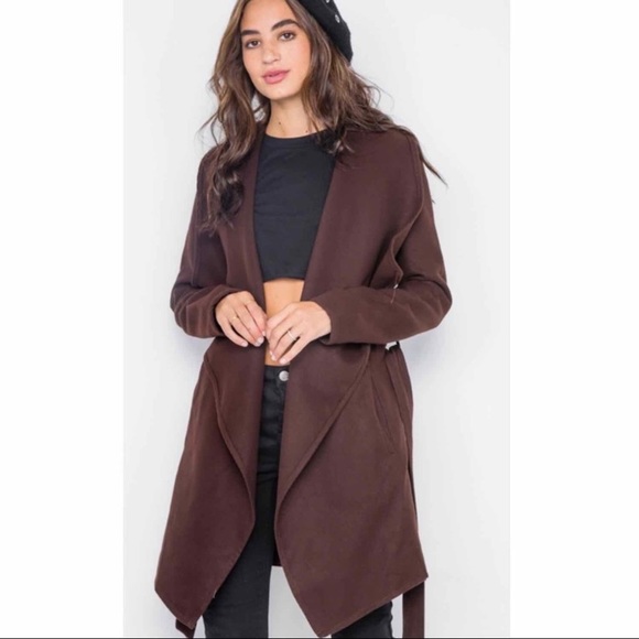 Chocolate Fleece Drape-Front Long Slv Jacket - Picture 4 of 5